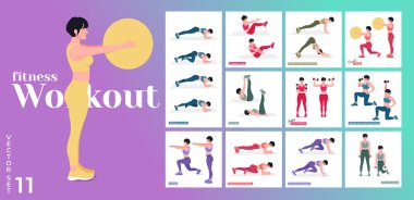 Kadın egzersiz seti. Kadınlar spor yapıyor, yoga yapıyor. Akciğerler, şınav, Squats, Dumbbell sıraları, Burpee, Side tahta, Situ ps, Glute Bridge, Leg Raise, Russian Twist, Side Crunch vs.