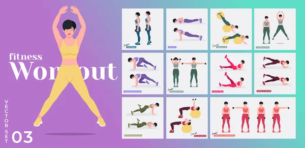 Frauen Workout Set Vorhanden Frauen Die Fitness Und Yoga Übungen — Stockvektor