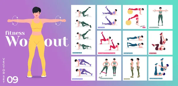 Frauen Workout Set Vorhanden Frauen Die Fitness Und Yoga Übungen — Stockvektor