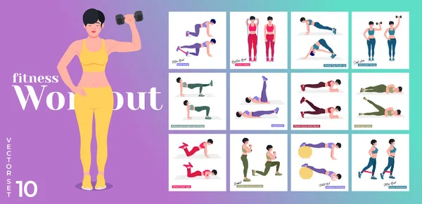 Women Workout Set Women Doing Fitness Yoga Exercises Lunges Pushups — Stock Vector