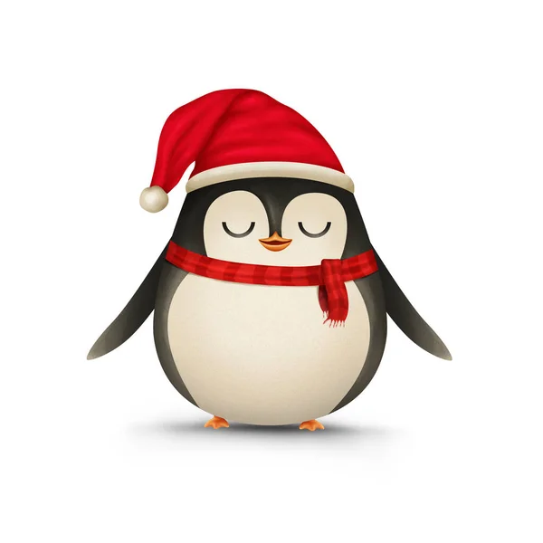 Cute Christmas Penguin Santa Cap Czerwony Szalik Ilustracja Izolowane Białym — Zdjęcie stockowe