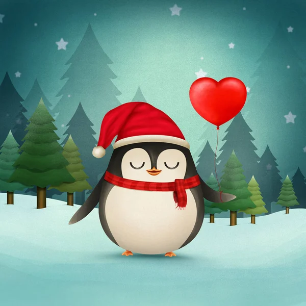サンタキャップと白の背景に隔離された赤いスカーフのイラストとかわいいクリスマスペンギン — ストック写真
