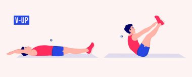 Erkekler V-up egzersizi yapıyor, erkekler spor yapıyor, aerobik yapıyor ve egzersiz yapıyor. Vektör İllüstrasyonu.