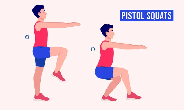 Men Doing Pistol Squatst Exercise Men Workout Fitness Aerobic Exercises — Stock Vector