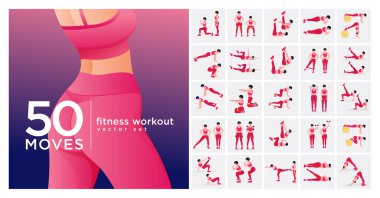 Kadın egzersiz seti. Kadınlar spor yapıyor, yoga yapıyor. Akciğerler, şınav, Squats, Dumbbell sıraları, Burpee, Side tahta, Situ ps, Glute Bridge, Leg Raise, Russian Twist, Side Crunch vs.