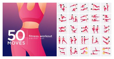 Kadın egzersiz seti. Kadınlar spor yapıyor, yoga yapıyor. Akciğerler, şınav, Squats, Dumbbell sıraları, Burpee, Side tahta, Situ ps, Glute Bridge, Leg Raise, Russian Twist, Side Crunch vs.