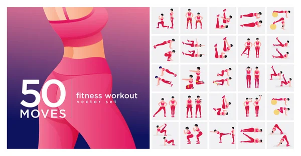 Women Workout Set Women Doing Fitness Yoga Exercises Lunges Pushups — Stock Vector