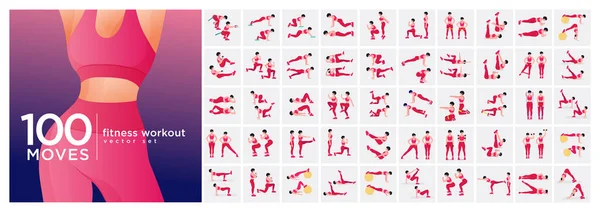 Kadın egzersiz seti. Kadınlar spor yapıyor, yoga yapıyor. Akciğerler, şınav, Squats, Dumbbell sıraları, Burpee, Side tahta, Situ ps, Glute Bridge, Leg Raise, Russian Twist, Side Crunch vs.