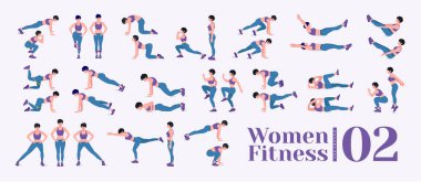 Kadın egzersiz seti. Kadınlar spor yapıyor, yoga yapıyor. Akciğerler, şınav, Squats, Dumbbell sıraları, Burpee, Side tahta, Situ ps, Glute Bridge, Leg Raise, Russian Twist, Side Crunch vs.