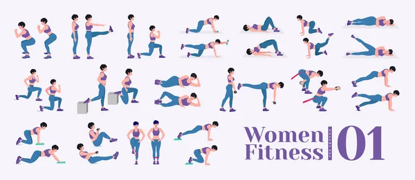 Women Workout Set Women Doing Fitness Yoga Exercises Lunges Pushups — Stock Vector