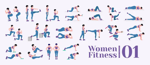 Kadın egzersiz seti. Kadınlar spor yapıyor, yoga yapıyor. Akciğerler, şınav, Squats, Dumbbell sıraları, Burpee, Side tahta, Situ ps, Glute Bridge, Leg Raise, Russian Twist, Side Crunch vs.
