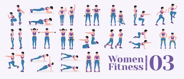 Vrouwen Trainingsset Vrouwen Die Fitness Yoga Oefeningen Doen Lunges Pushups — Stockvector