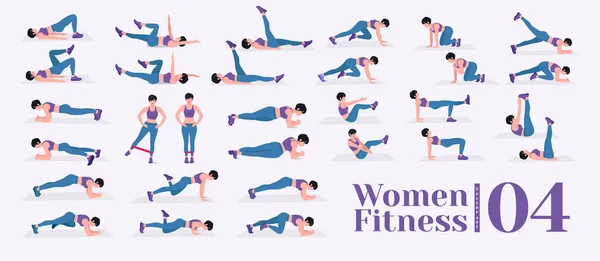 Kadın egzersiz seti. Kadınlar spor yapıyor, yoga yapıyor. Akciğerler, şınav, Squats, Dumbbell sıraları, Burpee, Side tahta, Situ ps, Glute Bridge, Leg Raise, Russian Twist, Side Crunch vs.