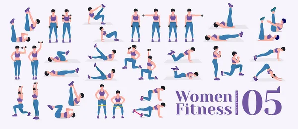 Kadın egzersiz seti. Kadınlar spor yapıyor, yoga yapıyor. Akciğerler, şınav, Squats, Dumbbell sıraları, Burpee, Side tahta, Situ ps, Glute Bridge, Leg Raise, Russian Twist, Side Crunch vs.