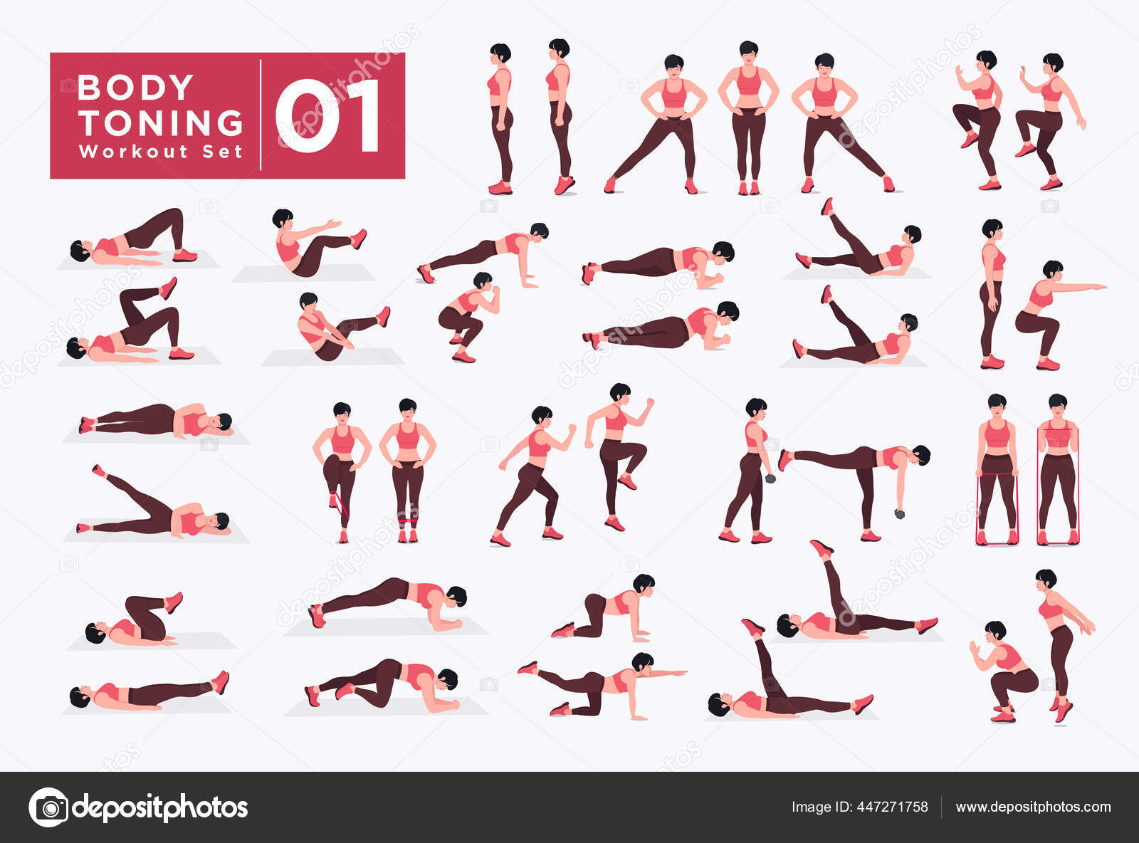 Women Workout Set Women Doing Fitness Yoga Exercises Lunges Pushups Stock Illustration by