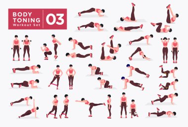 Kadın egzersiz seti. Kadınlar spor yapıyor, yoga yapıyor. Akciğerler, şınav, Squats, Dumbbell sıraları, Burpee, Side tahta, Situ ps, Glute Bridge, Leg Raise, Russian Twist, Side Crunch vs.
