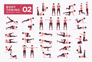 Kadın egzersiz seti. Kadınlar spor yapıyor, yoga yapıyor. Akciğerler, şınav, Squats, Dumbbell sıraları, Burpee, Side tahta, Situ ps, Glute Bridge, Leg Raise, Russian Twist, Side Crunch vs.