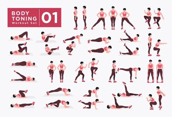 Kadın egzersiz seti. Kadınlar spor yapıyor, yoga yapıyor. Akciğerler, şınav, Squats, Dumbbell sıraları, Burpee, Side tahta, Situ ps, Glute Bridge, Leg Raise, Russian Twist, Side Crunch vs.
