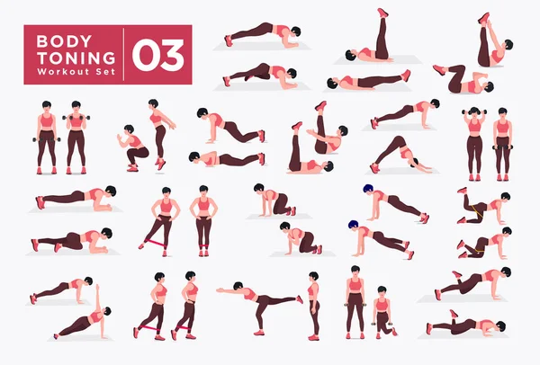 Kadın egzersiz seti. Kadınlar spor yapıyor, yoga yapıyor. Akciğerler, şınav, Squats, Dumbbell sıraları, Burpee, Side tahta, Situ ps, Glute Bridge, Leg Raise, Russian Twist, Side Crunch vs.