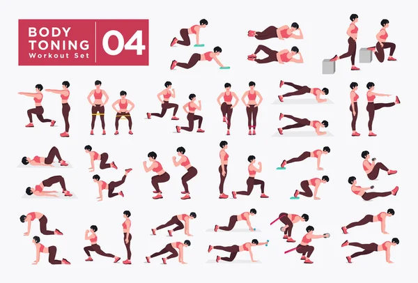 Kadın egzersiz seti. Kadınlar spor yapıyor, yoga yapıyor. Akciğerler, şınav, Squats, Dumbbell sıraları, Burpee, Side tahta, Situ ps, Glute Bridge, Leg Raise, Russian Twist, Side Crunch vs.