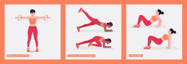 Antrenman 3 set egzersizleri, kadın spor antrenmanı, aerobik ve egzersiz. Vektör İllüstrasyonu.