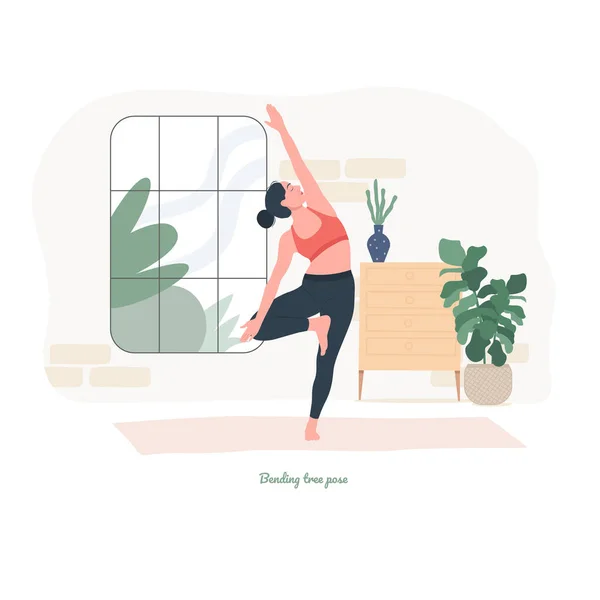 Bending Tree Pose Yoga Pose Young Woman Practicing Yoga Exercise — Image vectorielle