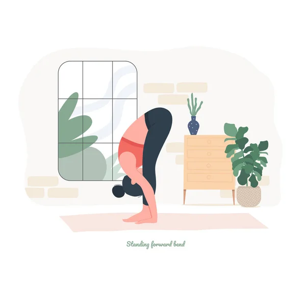 Standing Forward Bend Yoga Pose Young Woman Practicing Yoga Exercise — Stok Vektör