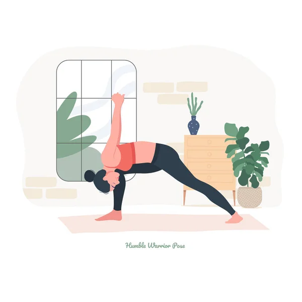 Humble Warrior Pose Yoga Pose Young Woman Practicing Yoga Exercise — Stok Vektör