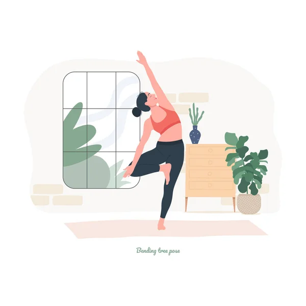 Bending Tree Pose Yoga Pose Young Woman Practicing Yoga Exercise — Image vectorielle