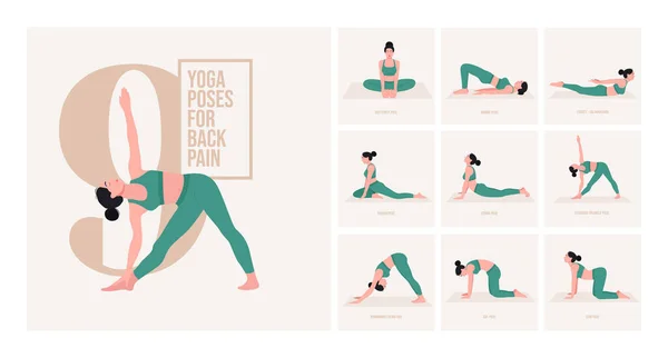 Poses Ioga Para Dor Nas Costas Jovem Praticando Pose Yoga —  Vetores de Stock