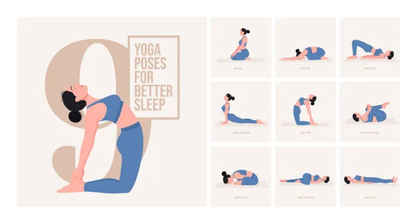 Yogaposer För Bättre Sömn Ung Kvinna Som Utövar Yoga Poserar — Stock vektor