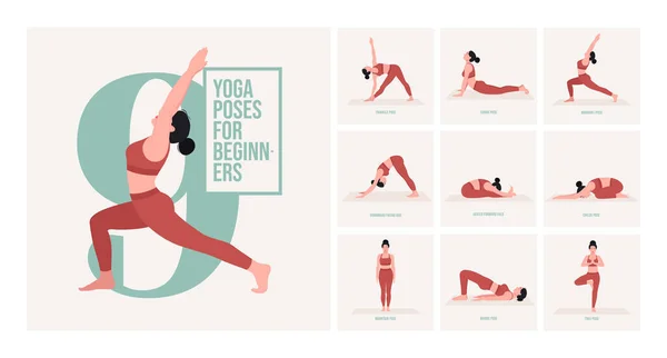 Poses Yoga Pour Les Débutants Jeune Femme Pratiquant Pose Yoga — Image vectorielle