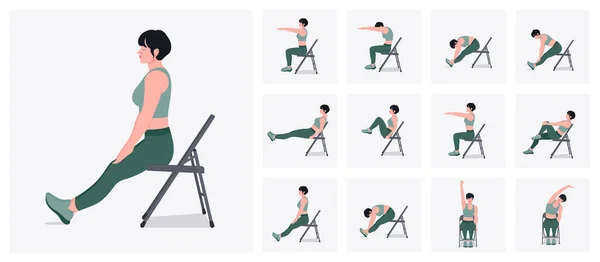 Zestaw Ćwiczeń Rozciągających Krzesło Kobieta Robi Fitness Jogi Ćwiczenia Krzesłem — Wektor stockowy