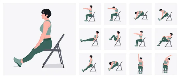 Silla Ejercicios Estiramiento Conjunto Mujer Haciendo Ejercicios Fitness Yoga Con — Vector de stock