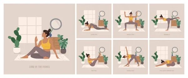 Ensemble Postures Yoga Jeune Femme Pratiquant Pose Yoga Entraînement Femme — Image vectorielle
