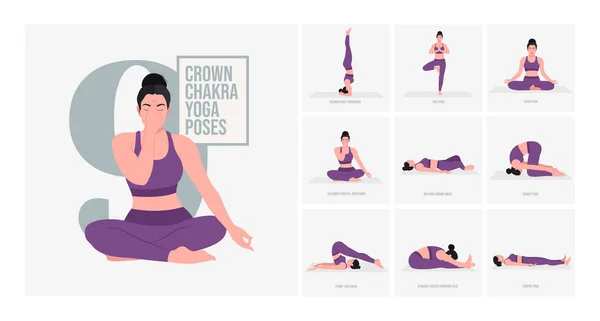 Crown Chakra Yoga Posa Mujer Joven Practicando Yoga Pose Entrenamiento — Vector de stock