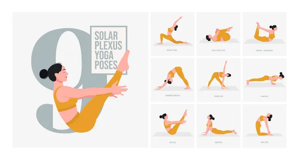 Güneş Pleksi Çakra Yogası pozları. Yoga yapan genç bir kadın. Kadın spor, aerobik ve egzersizler. Vektör İllüstrasyonu.
