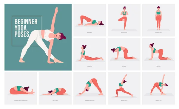 Poses Ioga Para Iniciantes Jovem Praticando Pose Yoga Mulher Aptidão —  Vetores de Stock