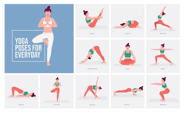 Yoga Poser För Everyday Ung Kvinna Som Utövar Yoga Poserar — Stock vektor
