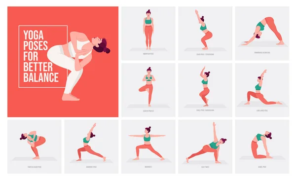 Poses Ioga Para Melhor Equilíbrio Jovem Praticando Pose Yoga Mulher —  Vetores de Stock