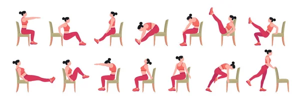 Sandalye germe egzersizleri ayarlandı. Sandalyeyle spor yapan ve yoga yapan bir kadın..