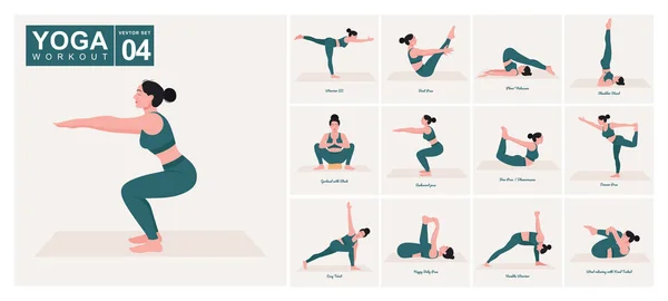 Yoga Workout Set Ung Kvinna Som Övar Yogaposer Kvinna Träning — Stock vektor