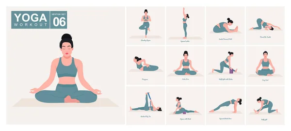 Conjunto Ejercicios Yoga Mujer Joven Practicando Yoga Posa Entrenamiento Mujer — Vector de stock