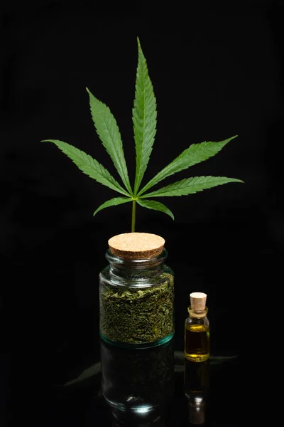 Bir şişe kenevir yağı, siyah arka planda bir marihuana yaprağının önünde kurutulmuş bir şişe otun yanında.