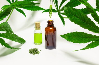 Tıbbi kenevir yağı şişeleri beyaz arka planda marihuana yapraklarıyla çevriliyken yağ dolu damlalar şişelerden birine damlıyor.