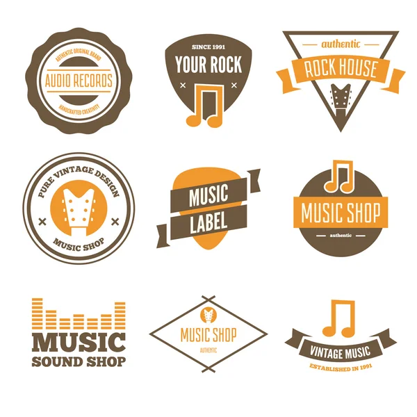 Conjunto de logotipos vetoriais elementos, rótulos, emblemas e silhuetas para loja de música — Vetor de Stock