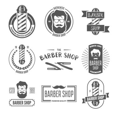 Vintage retro etiketleri, Logotype ve berber dükkanı için öğeleri koleksiyonu