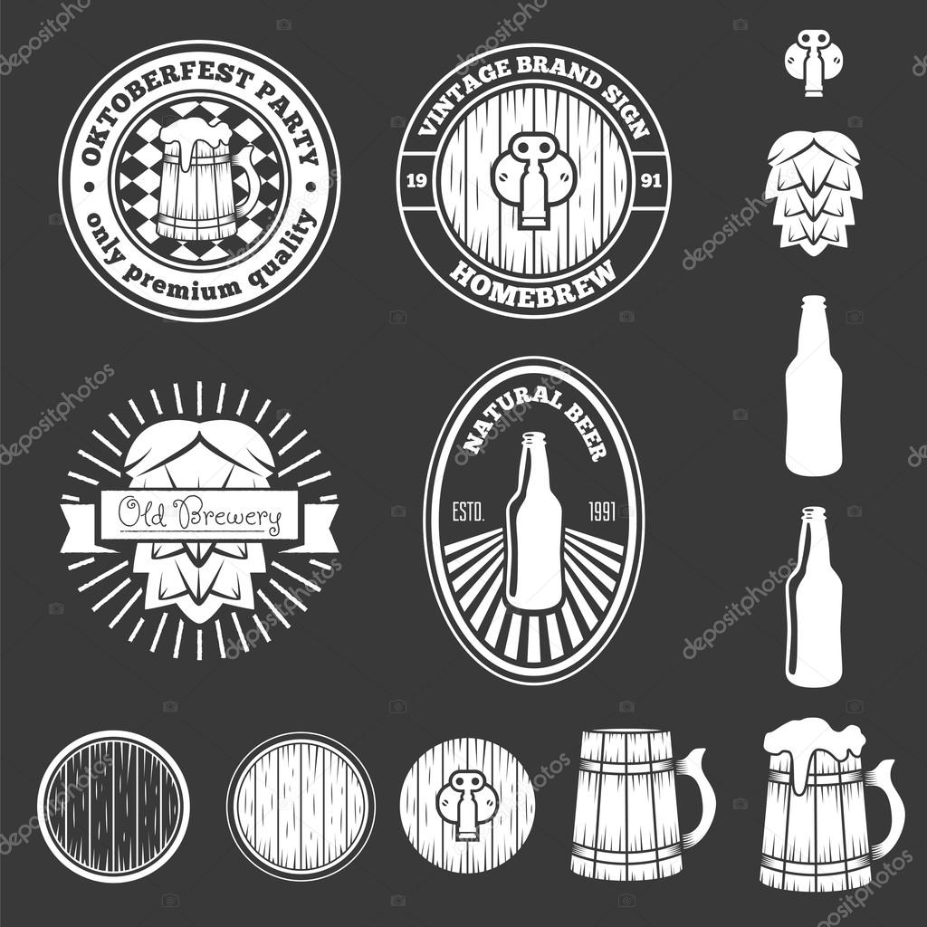 Set of vintage logo, badge, emblem or logotype elements for beer, shop, home brew, tavern, bar, cafe and restaurant