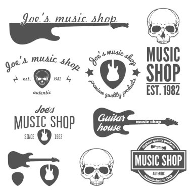Müzik dükkanı ve gitar dükkanı için vintage logo, rozet, amblem veya logo öğeleri kümesi