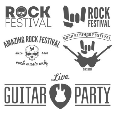 Rock Festivali, gitar parti ve müzikal performans için vintage logo, rozet, amblem veya logo öğeleri kümesi